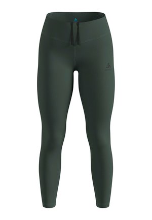 Green athletic leggings made from stretchy fabric with a smooth texture. Features a drawstring waist and a small logo on the left side.