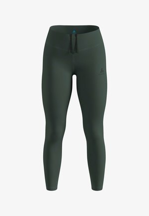 Green athletic leggings made from stretchy fabric with a smooth texture. Features a drawstring waist and a small logo on the left side.