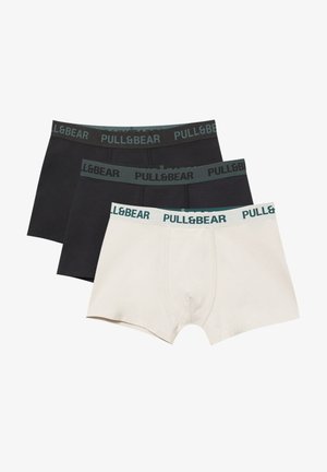 Férfi boxeralsók hármas szettben, fekete, sötétszürke és fehér színekben. Mindegyiken puha derékpánt, amelyen "PULL&BEAR" felirat található sötétzöld színben.