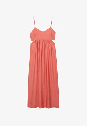 Koralska maksi haljina s tankim naramenicama, elastičnim pojasom i glatkim, lagano teksturiranim materijalom, s detaljima izreza sa strane.