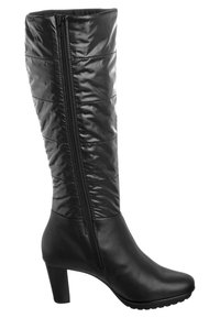 Botas negras hasta la rodilla con una parte superior brillante y acolchada y una parte inferior de cuero suave; cuenta con un cierre lateral y un tacón afilado. Suela texturizada.