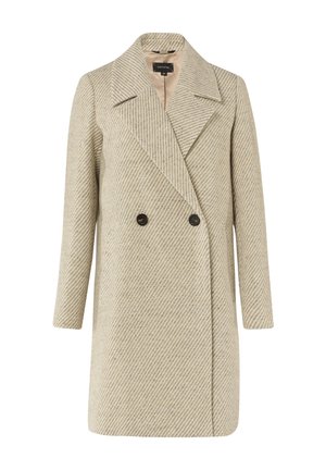 Beige, dubbelzijdig gecoat met een visgraatpatroon, brede revers en twee zwarte knopen; heeft lange mouwen en een getailleerde pasvorm.