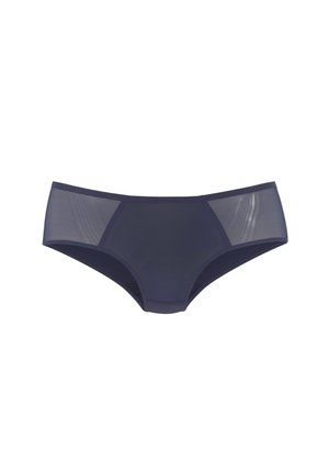 Dunkelmarineblaue Damenunterwäsche aus weichem, elastischem Stoff mit durchsichtigen Seitenpaneelen und einem glatten Bund, ausgestattet mit einem nahtlosen Design.