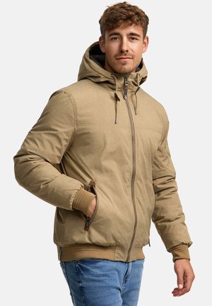 Beige puffer jacket with a hood, zip front, side pockets, and ribbed cuffs. Features a textured finish and adjustable drawstrings.
