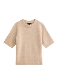 Beige trui met korte mouwen gemaakt van zachte stof, met een ronde halslijn en een geribde zoom. Gladde textuur met een klassieke boxy vorm.