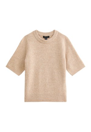 Pull en beige à manches courtes en tissu doux, avec un col rond et un ourlet côtelé. Texture lisse avec une coupe carrée classique.