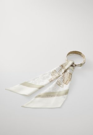 Jedwabny szalik z kremowym tłem, zdobiony brązowymi graficznymi wzorami torebek. Wyposażony w dopasowany, okrągły pasek na jednym końcu.