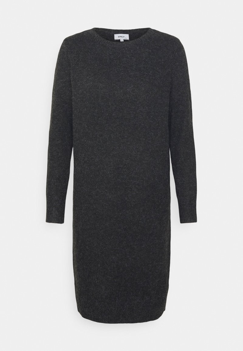 Abito a maniche lunghe in tessuto a maglia grigio scuro, scollatura tonda, taglio dritto e lunghezza a metà coscia. Morbida texture con un motivo sottile.