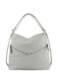 Bolso de mano de cuero gris claro con parte superior curva, correa de hombro única, dos bolsillos frontales con cremallera y superficie texturizada. Presenta un diseño minimalista.