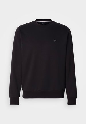 Svart crewneck genser, bomullsblanding, ribbestrikkede mansjetter og kant, liten logo på brystet, glatt tekstur, figurnær design.