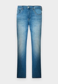 Kék farmernadrág világos mosással, egyenes szabással, öt zsebben és látható varrással. A hátsó derékpántján márkás címer található.