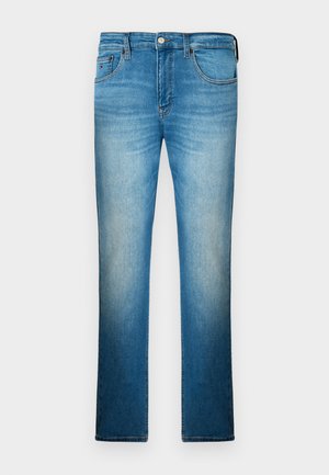 Blaue Denim-Jeans mit leichter Waschung, geradem Beinschnitt, fünf Taschen und sichtbaren Nähten. Enthält ein markiertes Label am hinteren Bund.