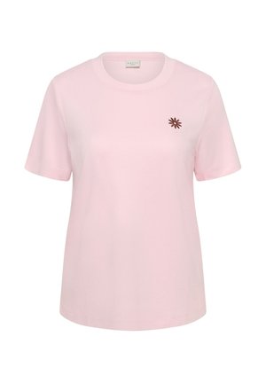 Light pink short-sleeve T-shirt with round neck and small dark brown flower design on the left chest.