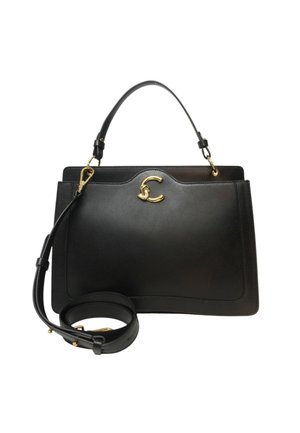 Sac à main en cuir noir avec un design structuré, quincaillerie dorée et un accent en forme de C. Il dispose de poignées doubles et d'une bandoulière amovible.