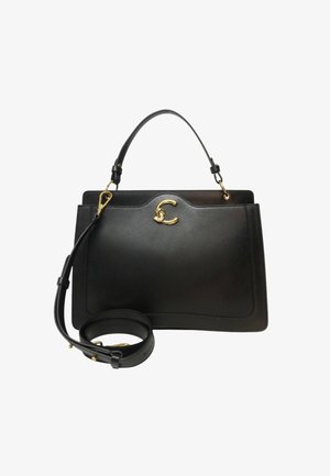 Borsa a mano in pelle nera con design strutturato, hardware dorato e un accento a forma di C. Presenta doppio manico e tracolla rimovibile.