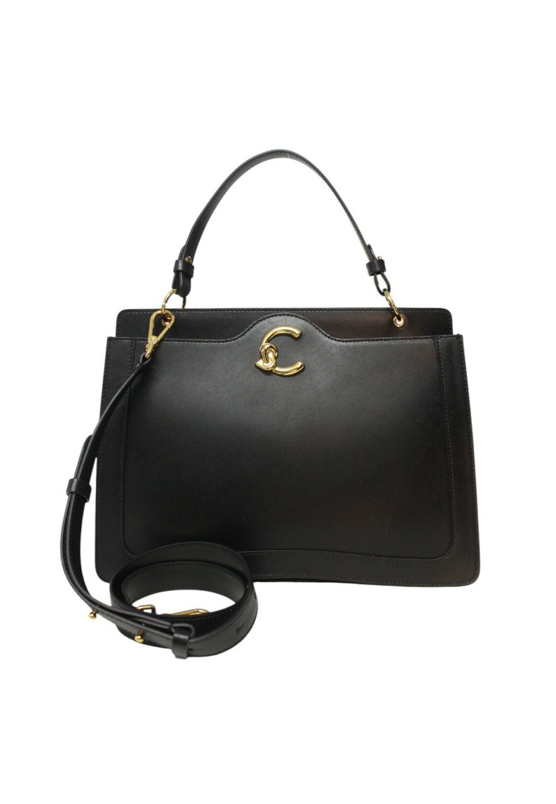 Borsa a mano in pelle nera con design strutturato, hardware dorato e un accento a forma di C. Presenta doppio manico e tracolla rimovibile.