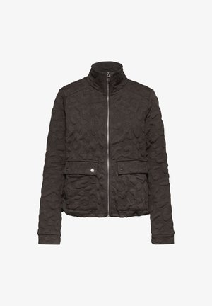 Gestepptes schwarzes Jäckchen mit hohem Kragen, Frontreißverschluss und zwei Druckknopf-Taschen. Besitzt eine strukturierte, gemusterte Oberfläche.