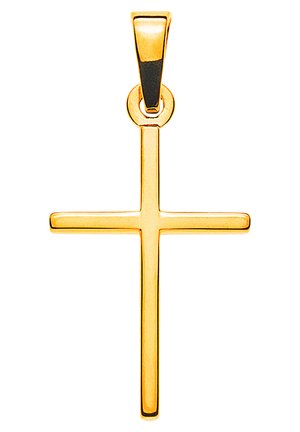 Ciondolo a croce in oro con superficie liscia e lucida e anello circolare. Presenta un design semplice con bordi dritti e finitura lucida.