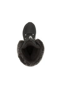 Stivale da neve nero con parte superiore in tessuto strutturato, fodera in pelliccia grigia attorno all'apertura e lacci neri con perline decorative. Design della punta rotonda.