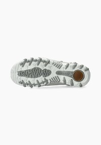 Gray rubber outsole with deep lugs, featuring a patterned design. The midsole is white with some brown accent in the heel area.