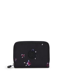 Black fabric wallet with floral pattern, zip closure, and logo badge. Compact rectangular shape with contrast accents and smooth texture.