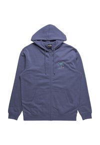 Sudadera con cremallera morada, con un bolsillo tipo canguro, que presenta un logo de palmera en colores vibrantes en el lado izquierdo del pecho. Tejido suave y texturizado.