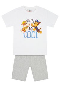 Weißes Baumwoll-T-Shirt mit Cartoon-Hunden und dem Text "DU BIST SO COOL", kombiniert mit grauen Jersey-Shorts. Kurze Ärmel, runder Ausschnitt, lässiges Design.