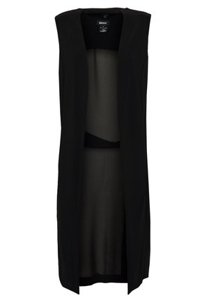 Zwarte mouwloze vest met een lange, open voorkant. Gemaakt van lichtgewicht stof, met een gladde textuur en een eenvoudig ontwerp.