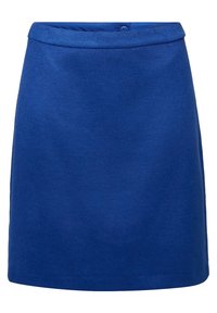 Sininen villasekoitekangas hame, jossa on sileä pinta, suora muoto ja vyötärö, jossa on napillinen kiinnitys keskellä.