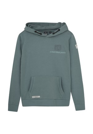 Sweat-shirt à capuche en bleu sarcelle atténué, fabriqué en mélange de coton. Il dispose d'une poche avant, de poignets côtelés et d'un logo subtil brodé sur la poitrine.