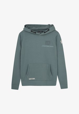 Sweat-shirt à capuche en bleu sarcelle atténué, fabriqué en mélange de coton. Il dispose d'une poche avant, de poignets côtelés et d'un logo subtil brodé sur la poitrine.