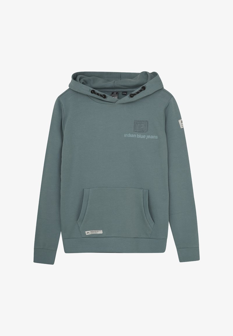 Sweat-shirt à capuche en bleu sarcelle atténué, fabriqué en mélange de coton. Il dispose d'une poche avant, de poignets côtelés et d'un logo subtil brodé sur la poitrine.