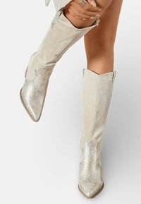 Bottines en suédine beige clair arrivant aux genoux, avec un bout métallique argenté et des motifs de design subtils. Forme effilée et pointue avec des zips sur les côtés.