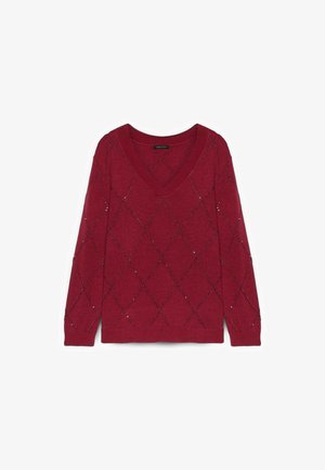 Červený svetr s výstřihem do V, diamantovým vzorem a jemnými třpytivými akcenty. Pletená tkanina, dlouhé rukávy, žebrovaný lem a manžety.