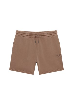 Brune afslappede shorts med elastisk talje, snor, sidelommer og lille logo på venstre lår.