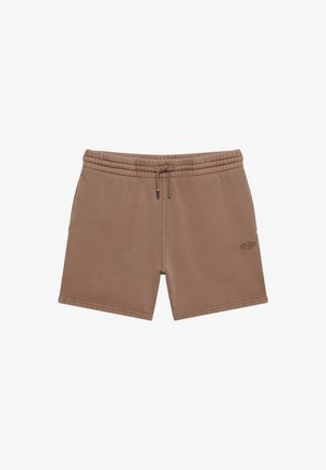 Bruine casual korte broek met elastische tailleband, trekkoord, zijzakken en klein logo op de linker dij.