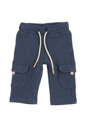 Pantaloni corti blu navy con trama a waffle, dotati di vita elastica, lacci e due tasche cargo laterali. Design casual e funzionale.