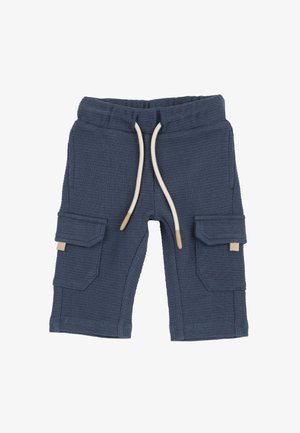 Shorts bleus marine à texture gaufrée avec une taille élastique, des cordons de serrage et deux poches cargo latérales. Design décontracté et fonctionnel.