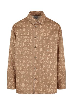 Brun button-up skjorte med et helover "KARL" logo mønster, krave og lange ærmer med en afslappet pasform.