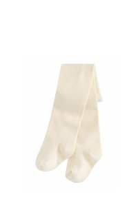 Knielange, hellcremefarbene Socken aus einem weichen, strukturierten Material mit einer glatten Oberfläche und abgerundetem Zehenbereich.