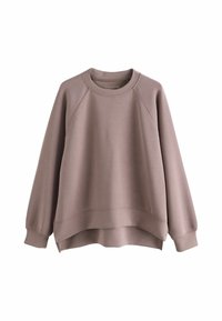 Langærmet sweatshirt i dæmpet mauve, lavet af blødt stof. Har en rund halsudskæring, raglanærmer og en let cropped nederste kant.