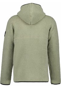 Fleece hoodie i ljusgrön, med en strukturerad yta, justerbar huva och svart kant längs nederkant ochmanschetter. Minimalistisk design.