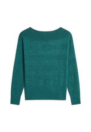 Pull en tricot bleu canard avec un large col bateau, des manches longues et un motif texturé, offrant une coupe décontractée et un tissu doux.