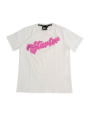 T-shirt bianco in cotone con una grande grafica rosa "Starter" sulla parte anteriore. Maniche corte e scollatura rotonda. Texture liscia.
