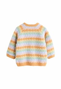 Pull en tricot avec un motif de rayures ondulées dans des couleurs pastel : orange, vert menthe, lavande et jaune. Tissu doux et texturé.