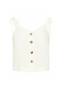 Top de tirantes ajustables en lino blanco con acentos de botones en tono dorado en la parte delantera. Textura suave que proporciona una apariencia ligera.