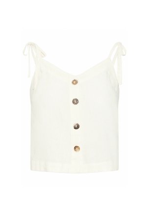 Camisole en lin blanc avec des bretelles réglables à nouer et des accents de boutons dorés sur le devant. Texture lisse pour une apparence légère.