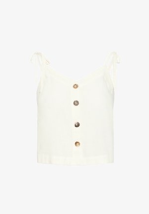 Camisole en lin blanc avec des bretelles réglables à nouer et des accents de boutons dorés sur le devant. Texture lisse pour une apparence légère.