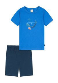 T-shirt in cotone blu con grafica di una balena e pesci, testo "Amici", abbinato a pantaloni corti blu navy. Tessuto morbido e vestibilità casual adatta per i bambini.