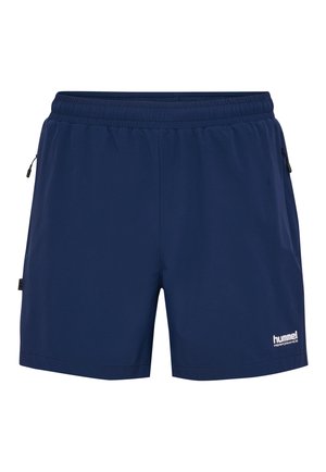 Mörkblå sportshorts med elastisk midja, sidofickor med dragkedja och vit "hummel performance"-logotyp. Tillverkade i lätt tyg.